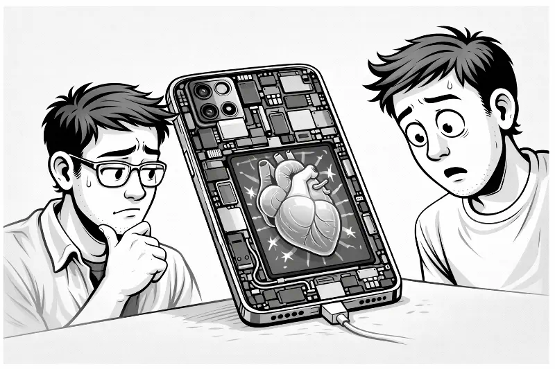 Чорно-біла ілюстрація ремонту смартфона з вбудованим незнімним акумулятором