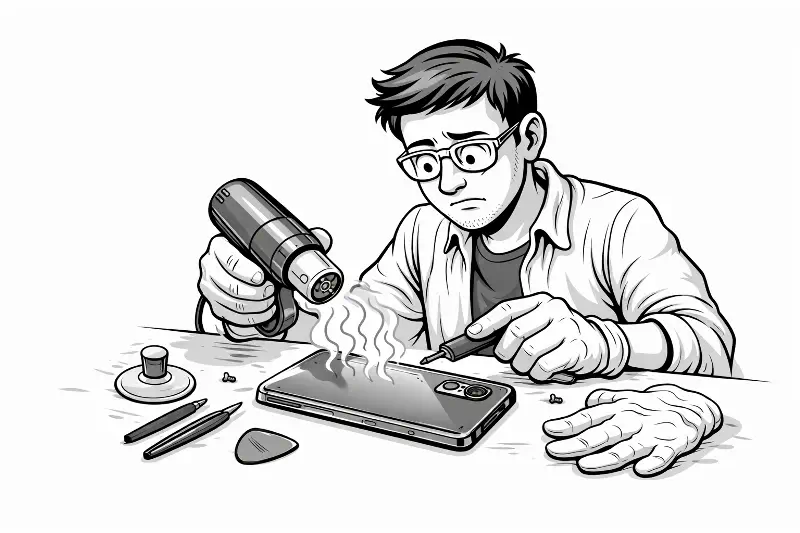 Майстер відкриває смартфон із незнімним акумулятором для заміни батареї