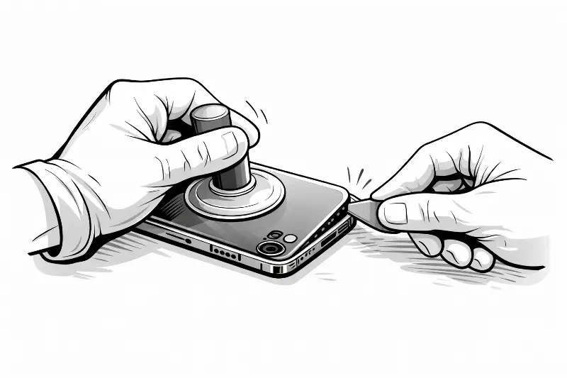 Відкриття корпуса смартфона присоскою та медіатором під час ремонту батареї