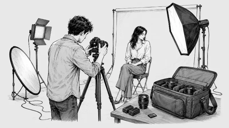 Фотограф у студії з обладнанням
